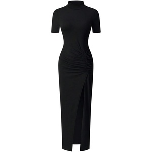 image:imageRoseSeek Womens Short Sleeve Maxi T Shirt Dress Mock Neck Ruched High Slit Long Casual Summer Tee DressesBlack