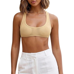 image:imageRoseSeek Womens Sleeveless Mesh Sheer Crop Tank Athletic Bandeau Bras See Through Racerback ShirtApricot