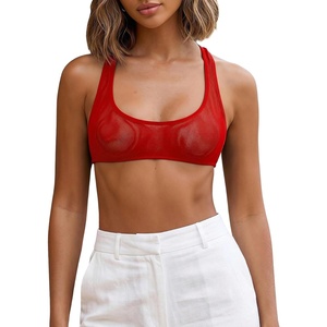image:imageRoseSeek Womens Sleeveless Mesh Sheer Crop Tank Athletic Bandeau Bras See Through Racerback ShirtPure Red
