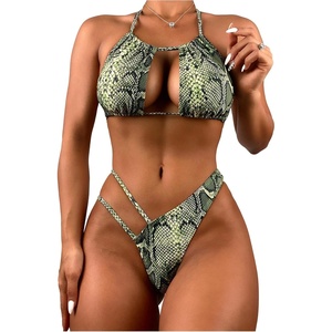 image:imageRoseSeek Womens Snakeskin Graphic Halter Bikini Set 2 Piece Cut Out High Cut Thong Swimsuits BeachwearGreen