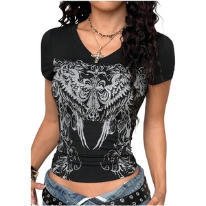 image:imageRoseSeek Womens Sparkly Rhinestone Y2K Gothic Graphic V Neck Slim Fit Tee Grunge Vintage Crop Tops TrendyBlack