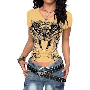 image:imageRoseSeek Womens Sparkly Rhinestone Y2K Gothic Graphic V Neck Slim Fit Tee Grunge Vintage Crop Tops TrendyYellow