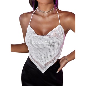 image:imageRoseSeek Womens Sparkly Sequin Draped Halter Crop Tops Backless Y2K Rave Night Out Party ShirtsWhite