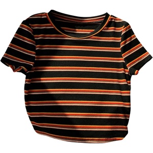 image:imageRoseSeek Womens Striped Colorblock T Shirt Short Sleeve Crew Neck Ribbed Knit Crop TopsBlack Orange
