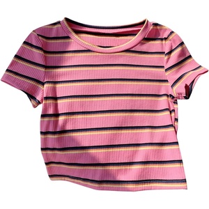 image:imageRoseSeek Womens Striped Colorblock T Shirt Short Sleeve Crew Neck Ribbed Knit Crop TopsHot Pink