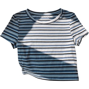 image:imageRoseSeek Womens Striped Colorblock T Shirt Short Sleeve Crew Neck Ribbed Knit Crop TopsWhite Blue