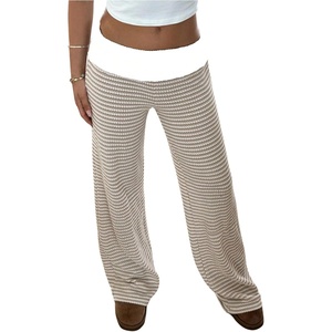 image:imageRoseSeek Womens Striped Foldover Pants Ribbed Knit Wide Leg Pants Elastic High Waisted Casual Lounge TrousersBrown and White