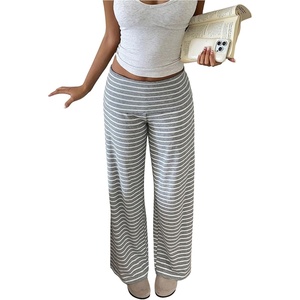 image:imageRoseSeek Womens Striped Foldover Pants Ribbed Knit Wide Leg Pants Elastic High Waisted Casual Lounge TrousersLight Grey