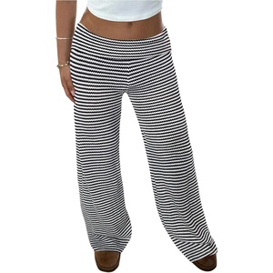 image:imageRoseSeek Womens Striped Foldover Pants Ribbed Knit Wide Leg Pants Elastic High Waisted Casual Lounge TrousersStriped Black and White