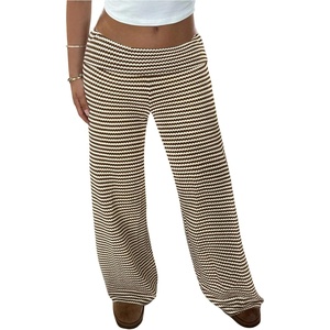 image:imageRoseSeek Womens Striped Foldover Pants Ribbed Knit Wide Leg Pants Elastic High Waisted Casual Lounge TrousersStriped Brown