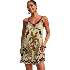 image:imageRoseSeek Womens Summer Boho Floral Tropical Mini Dresses V Neck Spaghetti Strap Flowy Beach Vacation Sundress 2026Cheetah Beige
