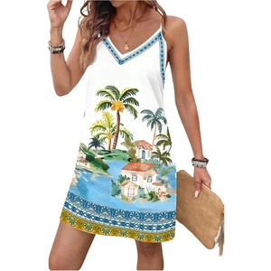 image:imageRoseSeek Womens Summer Boho Floral Tropical Mini Dresses V Neck Spaghetti Strap Flowy Beach Vacation Sundress 2026White Blue