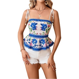 image:imageRoseSeek Womens Summer Floral Going Out Peplum Top Sleeveless Spaghetti Strap Cami TopsBlue Flower
