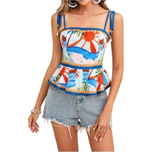 image:imageRoseSeek Womens Summer Floral Going Out Peplum Top Sleeveless Spaghetti Strap Cami TopsOrange