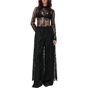 image:imageRoseSeek Womens Summer Goth Floral Lace Sheer Dress Elegant Ruffle Long Sleeve Mock Neck Maxi DressesBlack