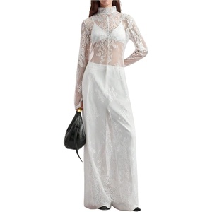 image:imageRoseSeek Womens Summer Goth Floral Lace Sheer Dress Elegant Ruffle Long Sleeve Mock Neck Maxi DressesWhite