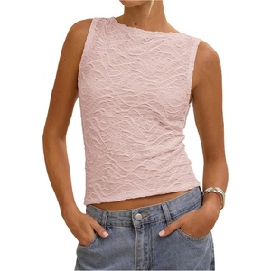 image:imageRoseSeek Womens Textured Cropped Tank Tops Boat Neck Sleeveless Elegant Slim Fit Top Summer Going Out TopsPink