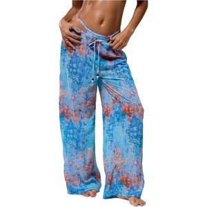 image:imageRoseSeek Womens Tie Dye Beach Cover Up Pants Drawstring Waist Wide Leg See Through Beach Pants SwimwearLight Blue