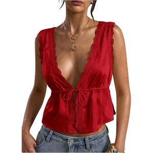 image:imageRoseSeek Womens Tie Front Deep V Neck Peplum Tops Lace Trim Sleeveless Satin Crop Tank TopRed