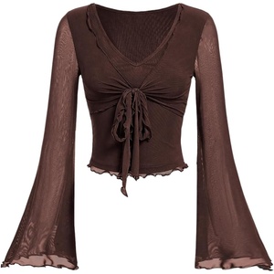 image:imageRoseSeek Womens Tie Front V Neck Sheer Mesh Tops Long Flounce Sleeve Asymmetrical Hem T ShirtBrown