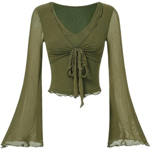 image:imageRoseSeek Womens Tie Front V Neck Sheer Mesh Tops Long Flounce Sleeve Asymmetrical Hem T ShirtGreen