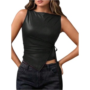 image:imageRoseSeek Womens Tie Side Asymmetrical Hem PU Leather Top Boat Neck Sleeveless Tank Tops Elegant TopsBlack