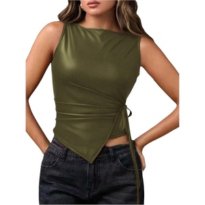 image:imageRoseSeek Womens Tie Side Asymmetrical Hem PU Leather Top Boat Neck Sleeveless Tank Tops Elegant TopsDark Green