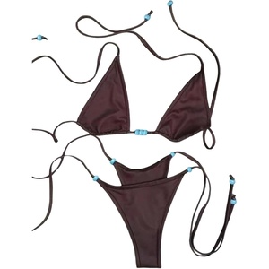 image:imageRoseSeek Womens Triangle String Bikini Set Beaded Halter Swimsuits 2 Piece Self Tie Brazilian Bathing SuitKhaki