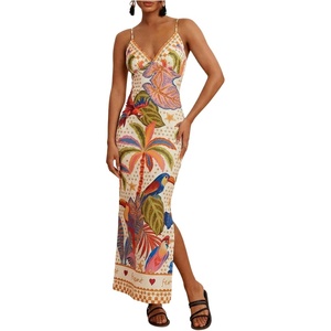 image:imageRoseSeek Womens Tropical Graphic V Neck Midi Dresses Sleeveless Split Beach Vacation Cami DressMulticolor Beige