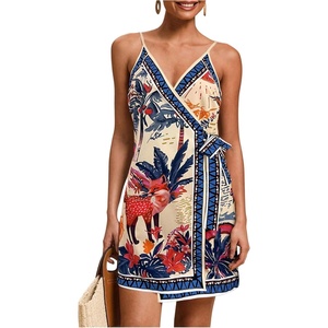 image:imageRoseSeek Womens Tropical Print Cami Dress Sleeveless Wrap V Neck Tie Knot Boho Short DressesApricot and Blue