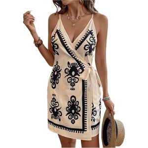 image:imageRoseSeek Womens Tropical Print Cami Dress Sleeveless Wrap V Neck Tie Knot Boho Short DressesBeige and Black