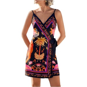 image:imageRoseSeek Womens Tropical Print Cami Dress Sleeveless Wrap V Neck Tie Knot Boho Short DressesBlack