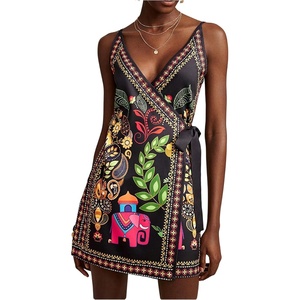 image:imageRoseSeek Womens Tropical Print Cami Dress Sleeveless Wrap V Neck Tie Knot Boho Short DressesBlack Graphic