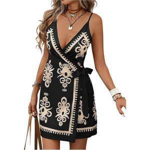 image:imageRoseSeek Womens Tropical Print Cami Dress Sleeveless Wrap V Neck Tie Knot Boho Short DressesBlack and Beige