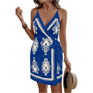 image:imageRoseSeek Womens Tropical Print Cami Dress Sleeveless Wrap V Neck Tie Knot Boho Short DressesBlue and Beige