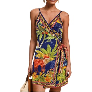 image:imageRoseSeek Womens Tropical Print Cami Dress Sleeveless Wrap V Neck Tie Knot Boho Short DressesBlue and Green
