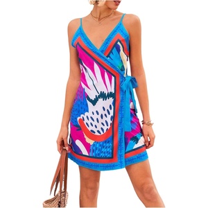image:imageRoseSeek Womens Tropical Print Cami Dress Sleeveless Wrap V Neck Tie Knot Boho Short DressesBlue and Hot Pink