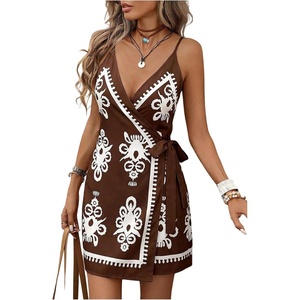image:imageRoseSeek Womens Tropical Print Cami Dress Sleeveless Wrap V Neck Tie Knot Boho Short DressesBrown