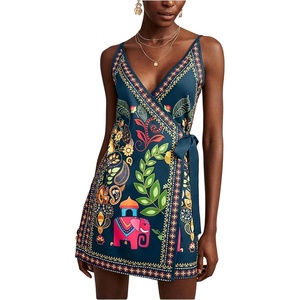 image:imageRoseSeek Womens Tropical Print Cami Dress Sleeveless Wrap V Neck Tie Knot Boho Short DressesDeep Blue