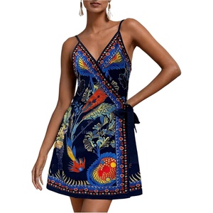 image:imageRoseSeek Womens Tropical Print Cami Dress Sleeveless Wrap V Neck Tie Knot Boho Short DressesFloral Blue