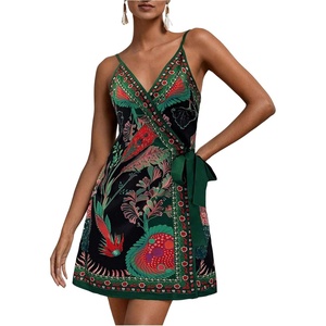 image:imageRoseSeek Womens Tropical Print Cami Dress Sleeveless Wrap V Neck Tie Knot Boho Short DressesGreen
