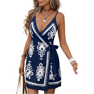 image:imageRoseSeek Womens Tropical Print Cami Dress Sleeveless Wrap V Neck Tie Knot Boho Short DressesMulti Blue