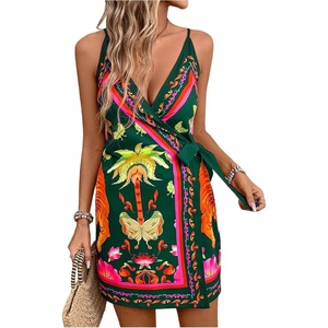 image:imageRoseSeek Womens Tropical Print Cami Dress Sleeveless Wrap V Neck Tie Knot Boho Short DressesMulticolor