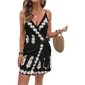 image:imageRoseSeek Womens Tropical Print Cami Dress Sleeveless Wrap V Neck Tie Knot Boho Short DressesMulticolor Black