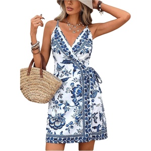 image:imageRoseSeek Womens Tropical Print Cami Dress Sleeveless Wrap V Neck Tie Knot Boho Short DressesMulticolor Blue