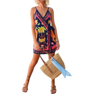 image:imageRoseSeek Womens Tropical Print Cami Dress Sleeveless Wrap V Neck Tie Knot Boho Short DressesMulticolor Mix