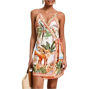 image:imageRoseSeek Womens Tropical Print Cami Dress Sleeveless Wrap V Neck Tie Knot Boho Short DressesMulticolor Orange