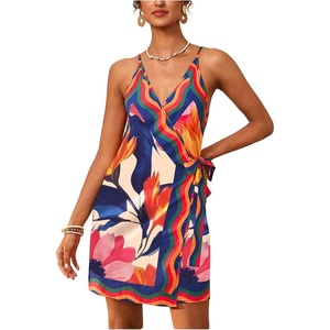 image:imageRoseSeek Womens Tropical Print Cami Dress Sleeveless Wrap V Neck Tie Knot Boho Short DressesMulticolor Red