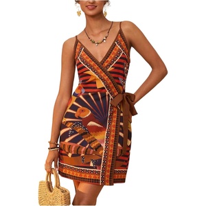 image:imageRoseSeek Womens Tropical Print Cami Dress Sleeveless Wrap V Neck Tie Knot Boho Short DressesOrange