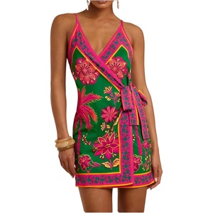 image:imageRoseSeek Womens Tropical Print Cami Dress Sleeveless Wrap V Neck Tie Knot Boho Short DressesPink and Green
